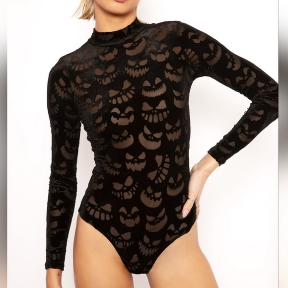 Blackmilk Tops - Blackmilk Clothing Long Sleeve Velvet Jack O’ Lantern Sheer Bodysuit